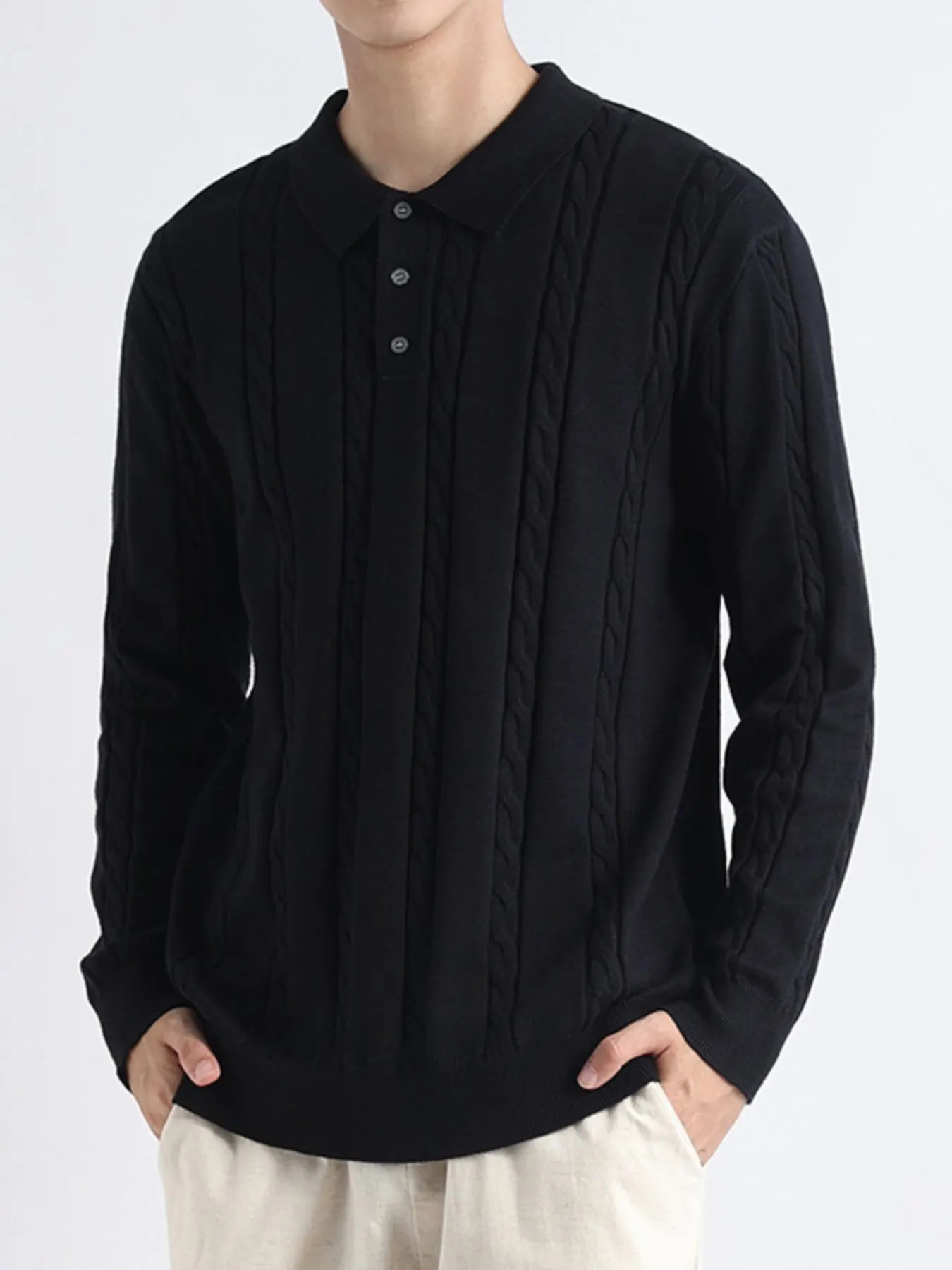 Men's Plus Size Cable-Knit Polo Collar Sweater